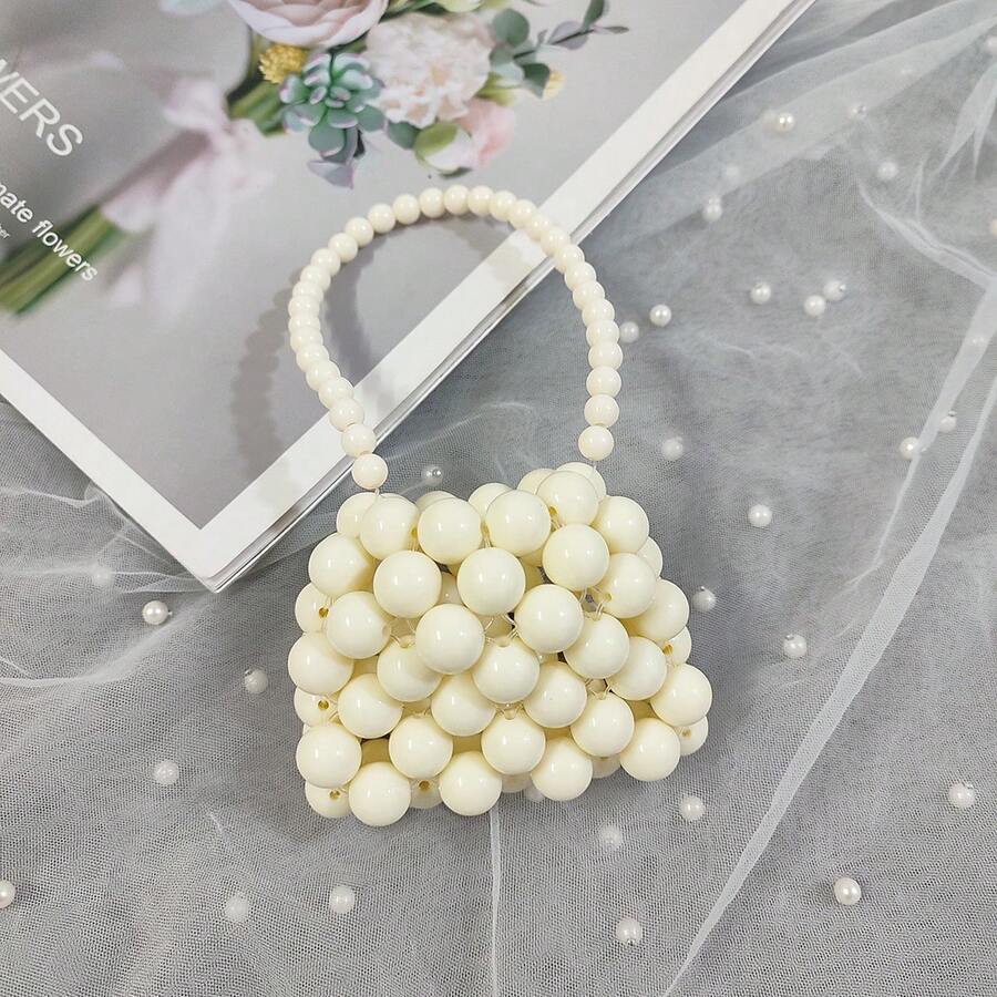 1 chiếc túi hở đầu dệt hạt thủ công thu nhỏ cho trẻ em có đính ngọc trai giả, hoàn hảo cho các hoạt động lễ hội và trang trí - Màu be - Xem 1