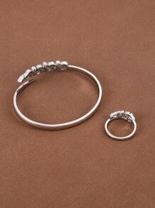 1pc Bracelet + 1pc Ring, Exquisite Wheat Straw Shaped Design Copper & Detail Openwork Jewelry Set - Silver - View 4