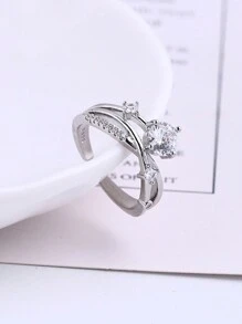 1pc Stainless Steel Universe Planet Track & Cubic Zirconia Ring For Women, French Cross Design Elegant Statement Ring - Silver - View 2