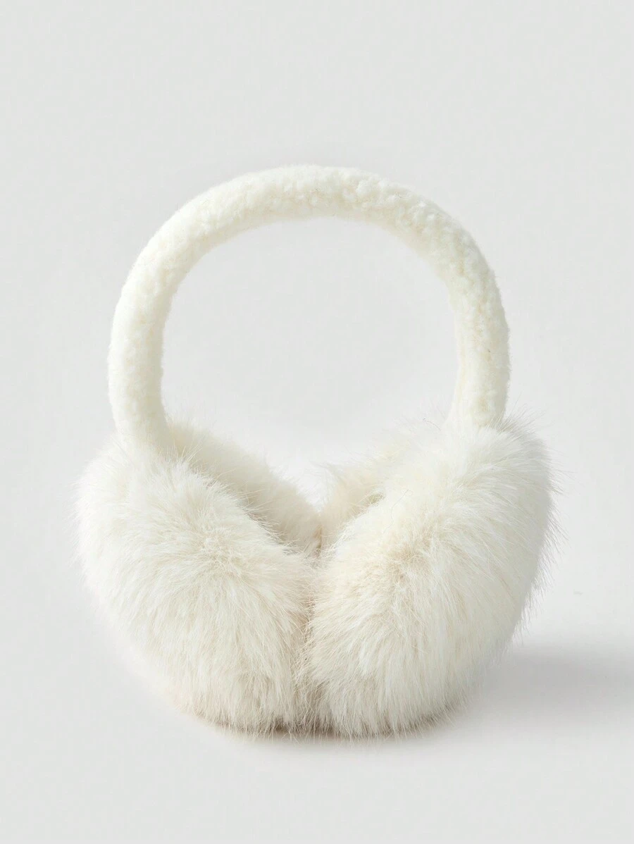 1pc Ladies' Solid Colored Faux Rabbit Fur Foldable Ear Warmers, Stylish And Warm, Suitable For Outdoor Sports And Campus - White - View 1