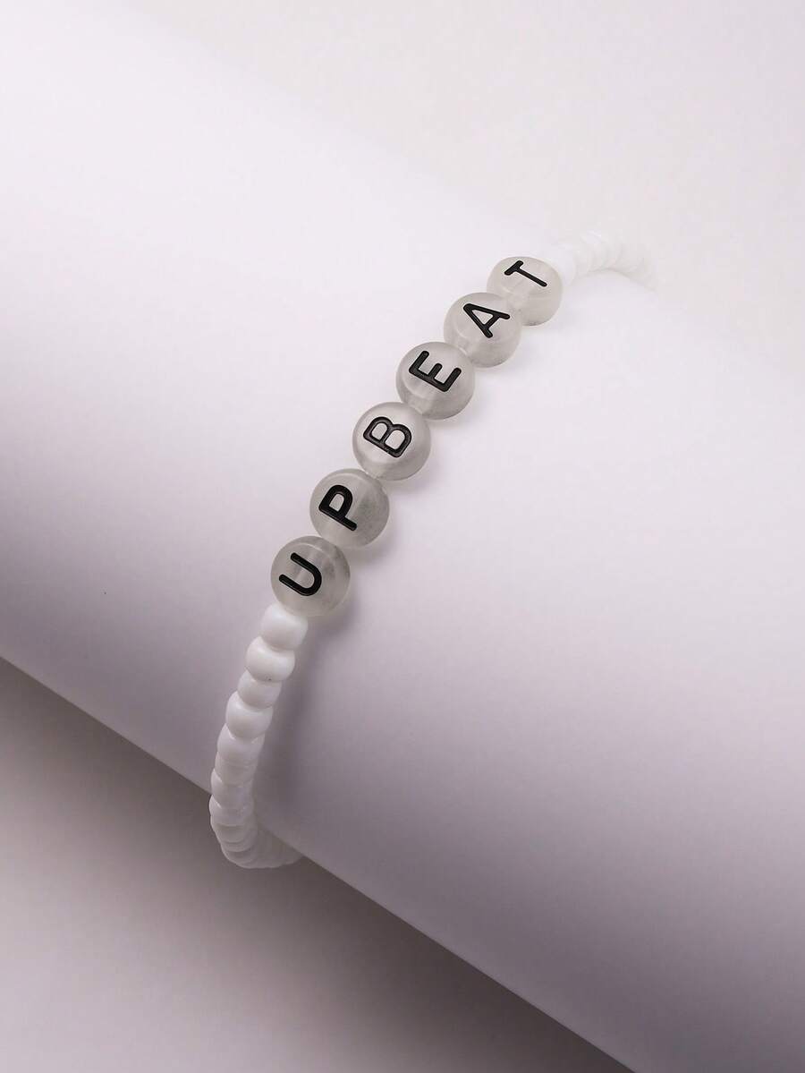1 Pieza Pulsera De Resina Simple Con Cuentas Y Letras En Inglés Para Mujer - Blanco - Ver 1