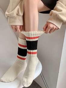 1對情侶厚條紋高筒運動襪,帶有毛巾底部,適用於秋冬季 - 彩色 - 查看 2