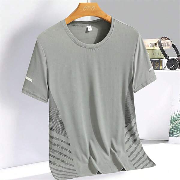 Men's Ice Silk Mesh Short Sleeve T-Shirt, Summer Breathable And Loose Fit Sports Casual Quick-Drying Clothes, Plus Size Gym Clothes Men Basic T Shirt
