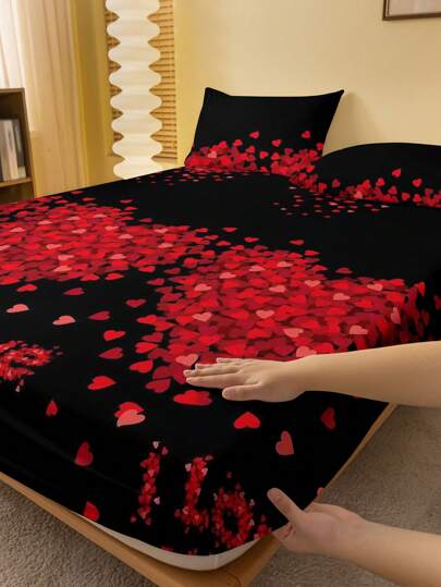 1pc Fashionable Simple Heart Printed Brushed Fitted Sheet Dustproof Cover For Bedroom Home Textile Bedding