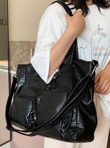 Túi Tote da PU màu đen dung tích lớn có họa tiết da cá sấu và nhiều ngăn, phù hợp cho nhiều dịp khác nhau, túi công sở thường ngày dành cho phụ nữ, hoàn hảo cho văn phòng, kinh doanh và công việc, túi công sở bắt mắt dành cho phụ nữ - màu đen - Xem 4