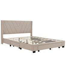 Queen Size Bed Frame with 3 Drawers, Linen Upholstered Platform Storage Bed with Headboard, Modern Style Solid Wooden Slats Support, No Box Spring Needed - Beige - View 3