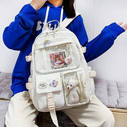2025新款可爱女式背包，防水多口袋尼龙学生背包，可爱笔记本电脑书包，随机颜色扣环