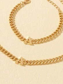 1件套時尚&優雅字母混合性手環和項鍊首飾套裝,適用於女士們休閒&派對,禮物 - 金黃色 - 查看 2