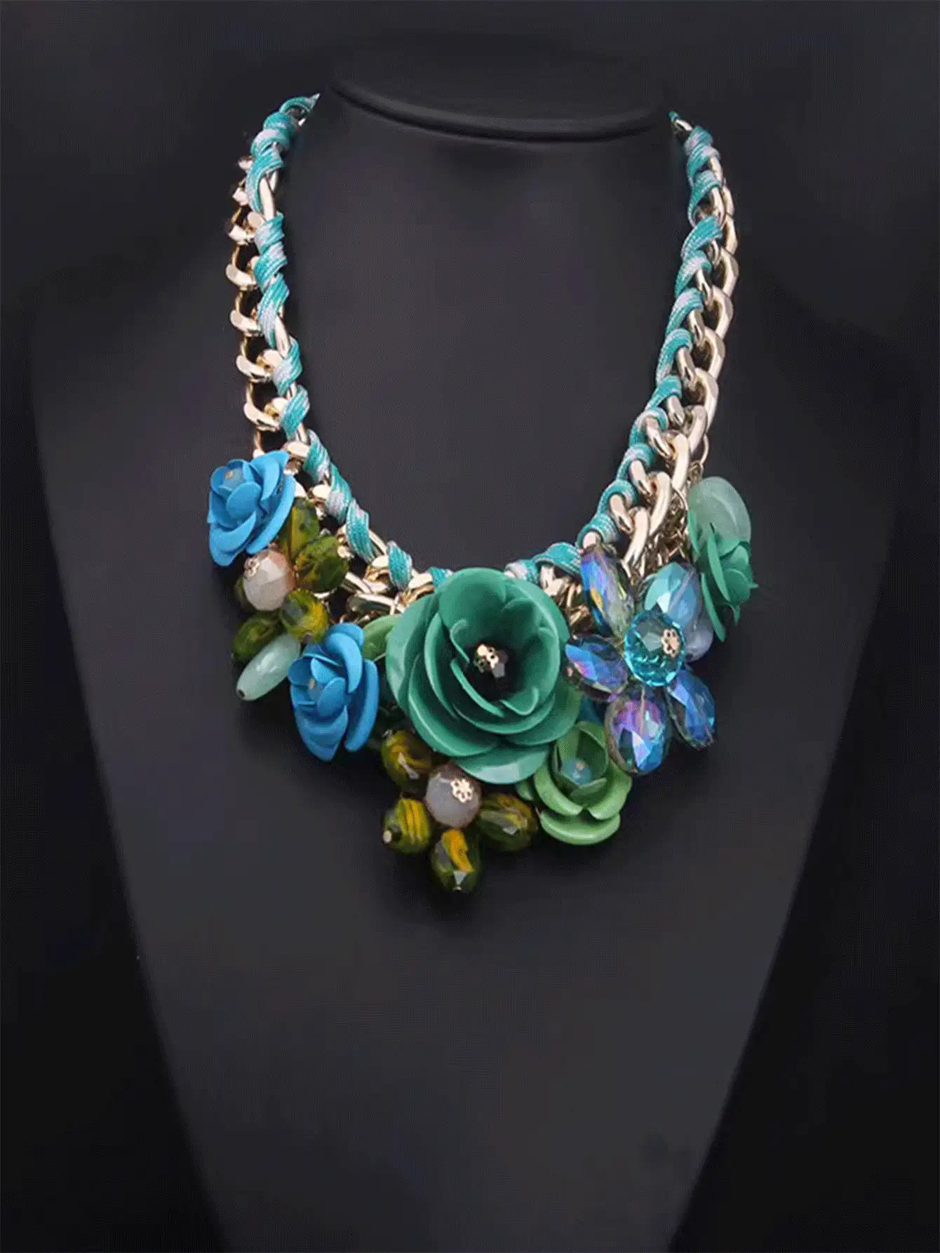 1pc European And American Style Colorful Flower & Cubic Zirconia Pendant Rope Woven Short Necklace - Green - View 4