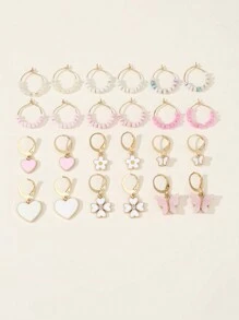 NAIZHU 24 件青少年时尚粉色花朵、心形、蝴蝶和米珠耳钉套装 - 彩色 - 查看 3