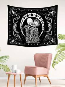 1pc Skull & Moon Printed Tapestry, Modern Polyester Fiber Square Decoration Tapestry Suitable For Living Room Bedroom Decoration, Flag For Room, Room Decor, Tapestry, Wall Decor, Wall Art ,Room Stuffs, Flags For Room, Home Decor, Wall Tapestry - Black and White - View 6