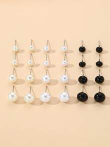 12對/組時尚黑白米色假珍珠耳釘組合 - 彩色 - 查看 3