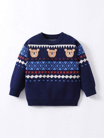 1件幼兒男童漫畫fálki圖案提花圓領毛衣,適用於秋冬季節