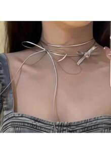 1入組假皮革閃亮蝴蝶結頸鍊，帶鑽石和銀色鍊，適合女性日常佩戴 - 銀色 - 查看 2