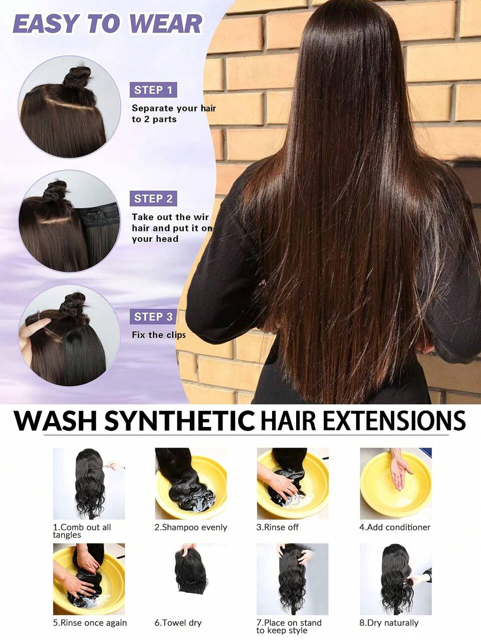 nimoki 22Inch Invisible Wire Hair Extensions for Daily Use Straight Wire Hairpiece Synthetic Hair Extensions with Transparent Adjustable Wire for Women  (light brown)