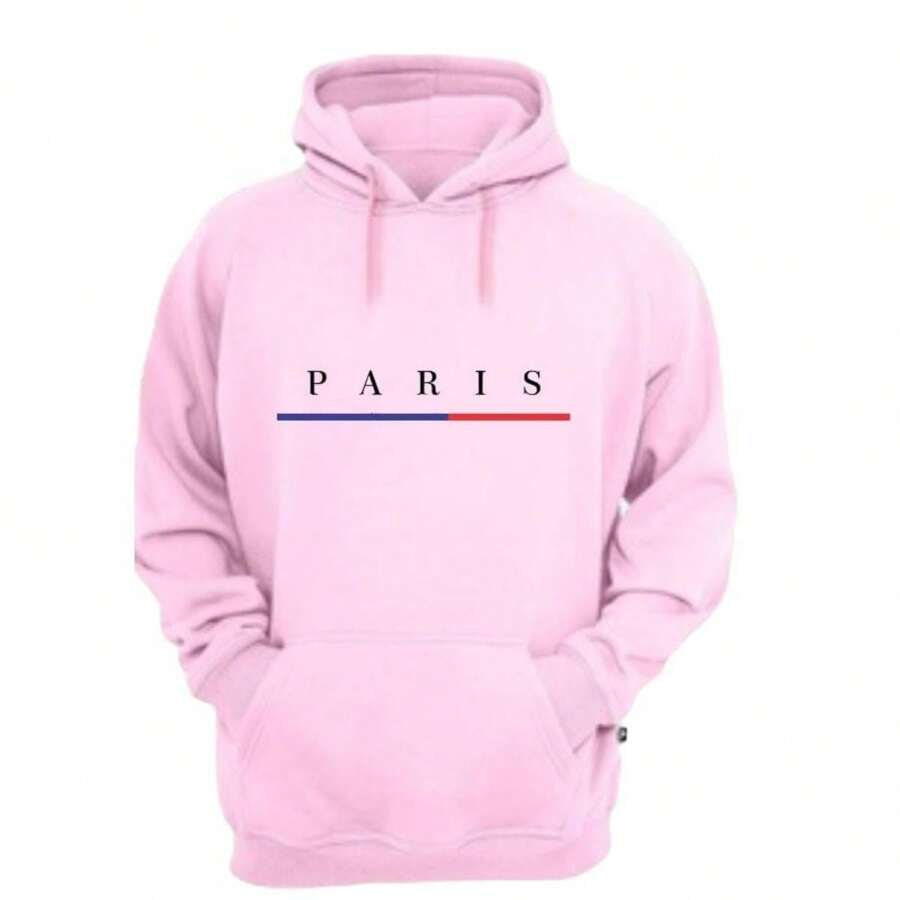 Blusa Moletom Liso Canguru Capuz Bolso Masculino Paris - Rosa Bebê - Visão 1