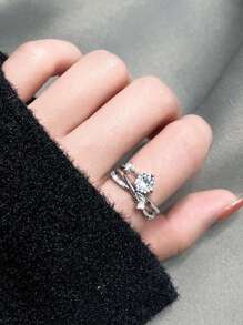 1pc Stainless Steel Universe Planet Track & Cubic Zirconia Ring For Women, French Cross Design Elegant Statement Ring - Silver - View 3