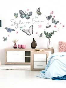 1pc Butterfly & Floral Pattern Wall Sticker For Living Room, Bedroom Background Decoration - Multicolor - View 4