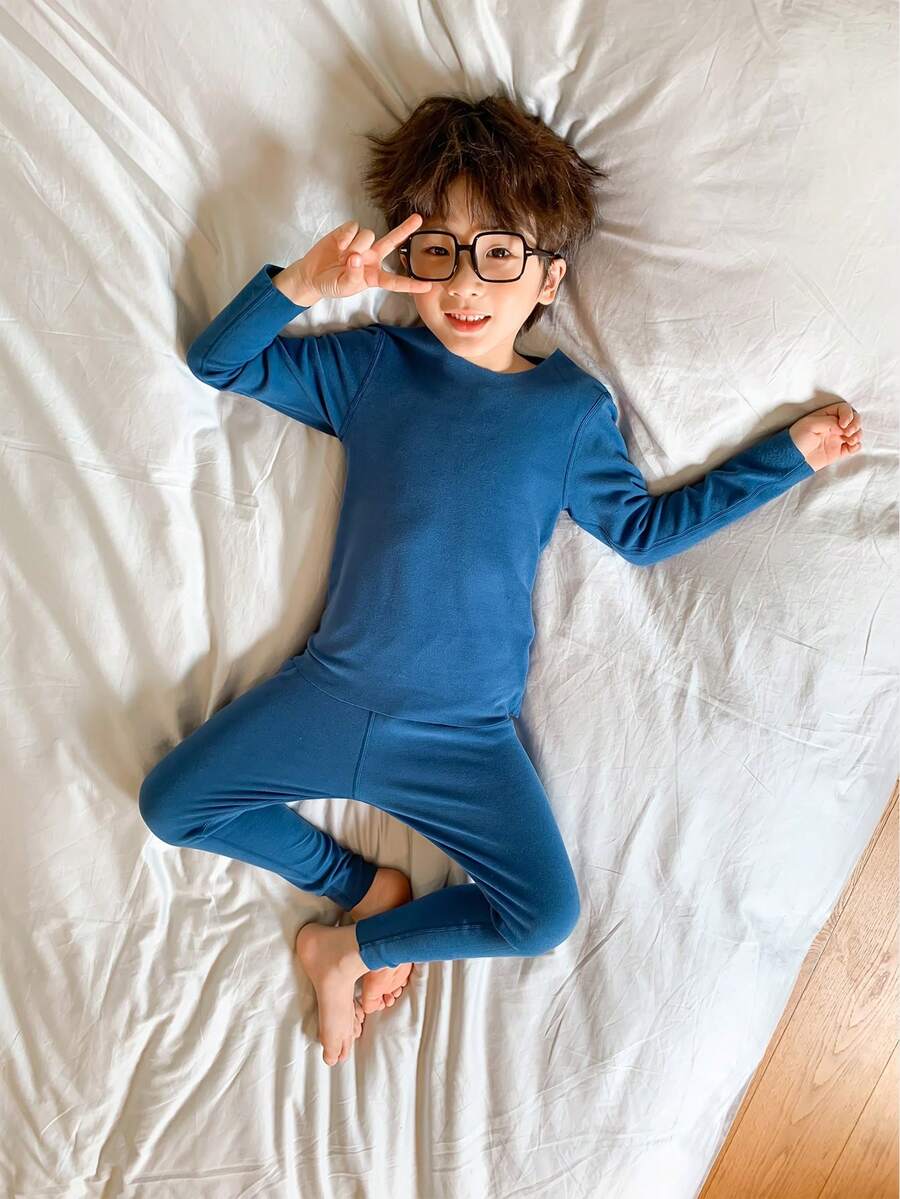 Conjunto De Ropa De Hogar Para Niño De 2 Piezas Suave Y Cómodo Para Otoño E Invierno - Azul - Ver 1