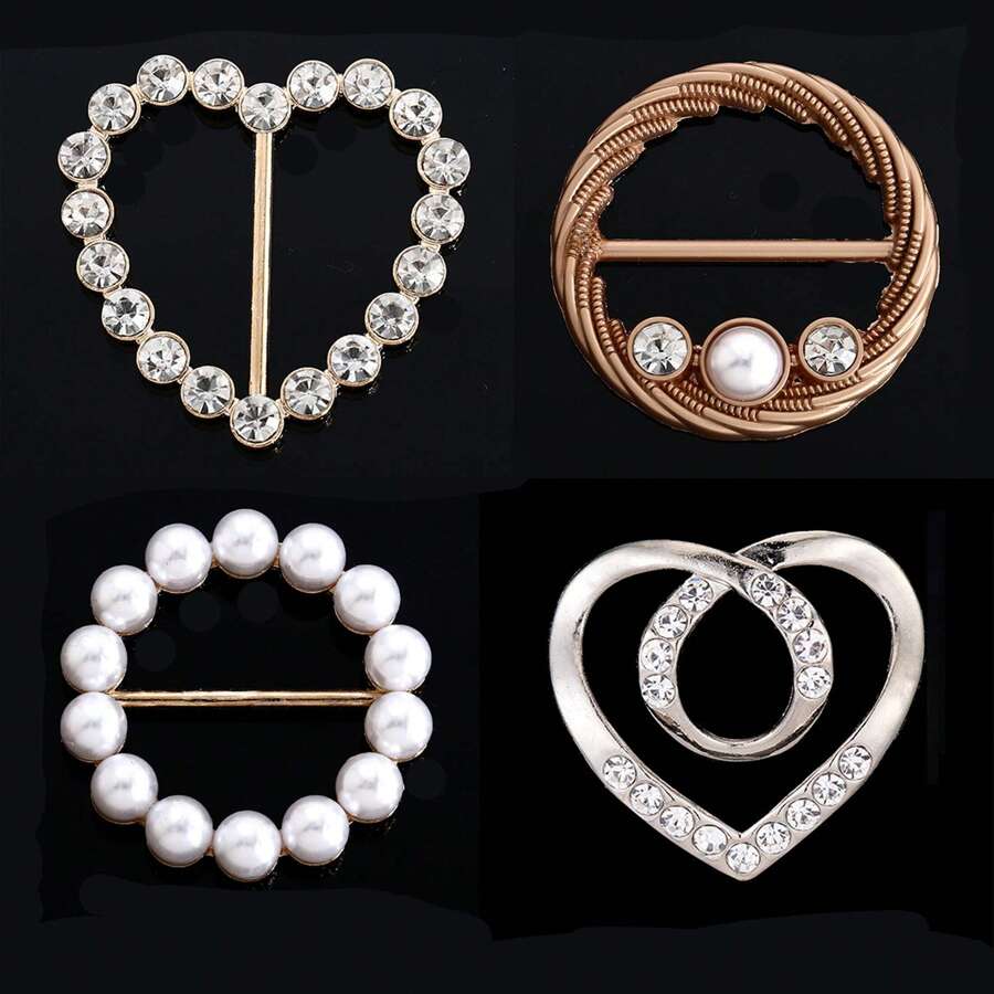 4pcs Heart & Circle Shaped Rhinestone & Faux Pearl Fixed Buckle For Scarf, Fashion Accessory - Multicolor - View 1