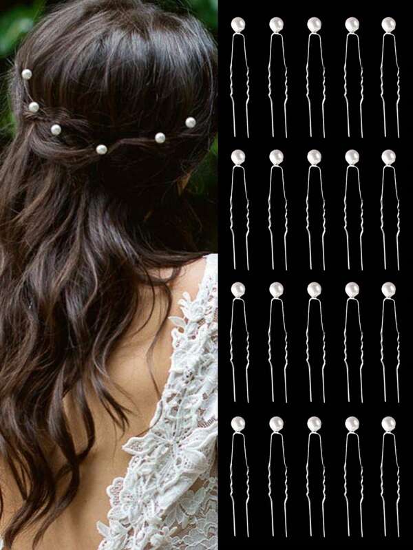 20pcs Shiny Hair Design Accessory, Rhinestone & Faux Pearl Flower Decor Hairpin Set For Wedding, Party And Photography, Hair Styling Pins For Hairpiece Fixing And Wedding Bouquet Arrangement Boho