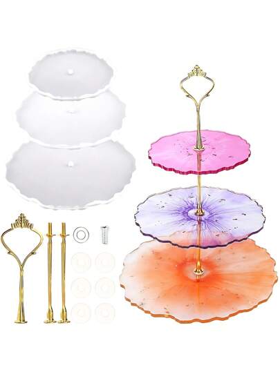 1pc Diy Three Tier Cake Stand Mold With Cup Mat Set For Displaying Cake, Cupcake, Dessert And More, Silicone Resin Casting Mold