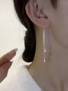 女士銀色優雅長水滴流蘇穿線耳環,簡約風格,瘦臉 - 銀色 - 查看 6