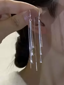 女士銀色優雅長水滴流蘇穿線耳環,簡約風格,瘦臉 - 銀色 - 查看 4