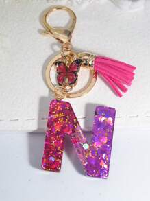 1pc Rose Glitter English Letter Keychain - Multicolor - View 3