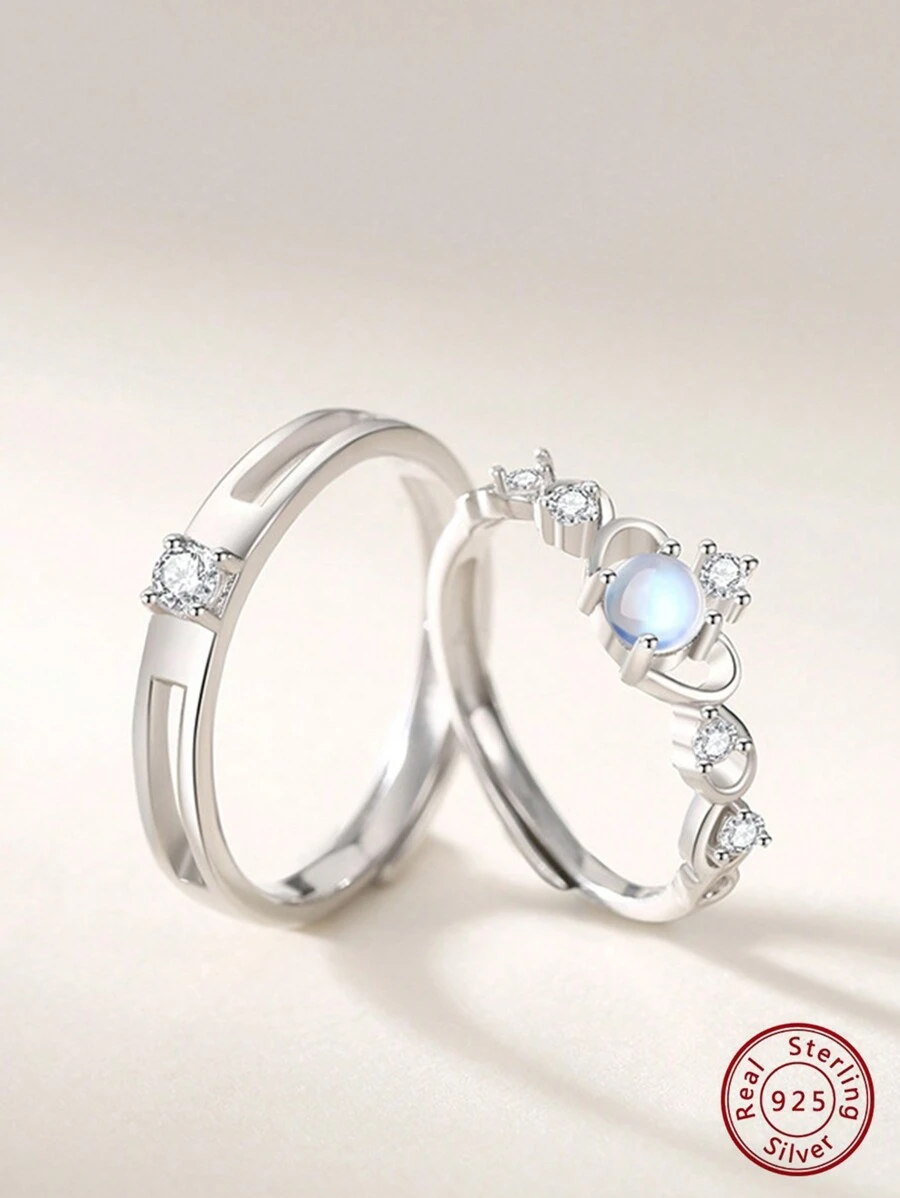 1雙浪漫月長石925純銀白金鍍情侶環