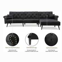 Convertible Sectional Couch With Chaise Lounge For Living Room, Comfy Velvet Fabric L-Shaped Reversible Reclining Sofa With 3 Seats And Pillows, For Apartment And Spaces - màu đen - Xem 3