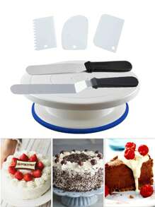 6Pcs/Set Cake Decorating Tools With 1 Rotating Cake Spinner 2 Cake Spatula 3 Icing Smoother Cakes Turntable/Stand - Black and White - View 1