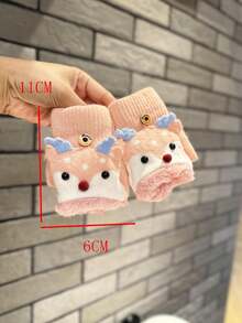 兒童聖誕半指翻蓋手套,厚實法蘭絨,冬日溫暖,可愛卡通鹿設計,適用於戶外活動 - 粉色 - 查看 4