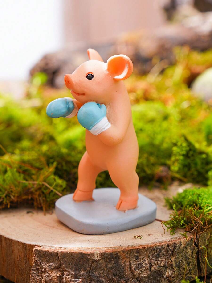 1入組五顏六色的樹脂材質花園裝飾,小豬拳擊造型裝飾品,適用於花園盆栽裝飾和迷你景觀diy - 彩色 - 查看 1