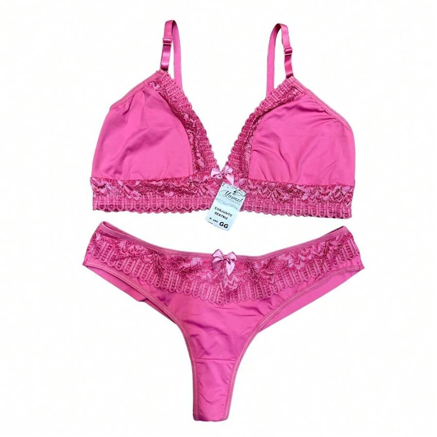 Conjunto Lingerie Sem Bojo Fio Duplo Poliamida e Renda Luxo Beatriz