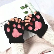 1pair Cute Cartoon Cat Paw Design Fingerless Gloves, Suitable For Daily Use