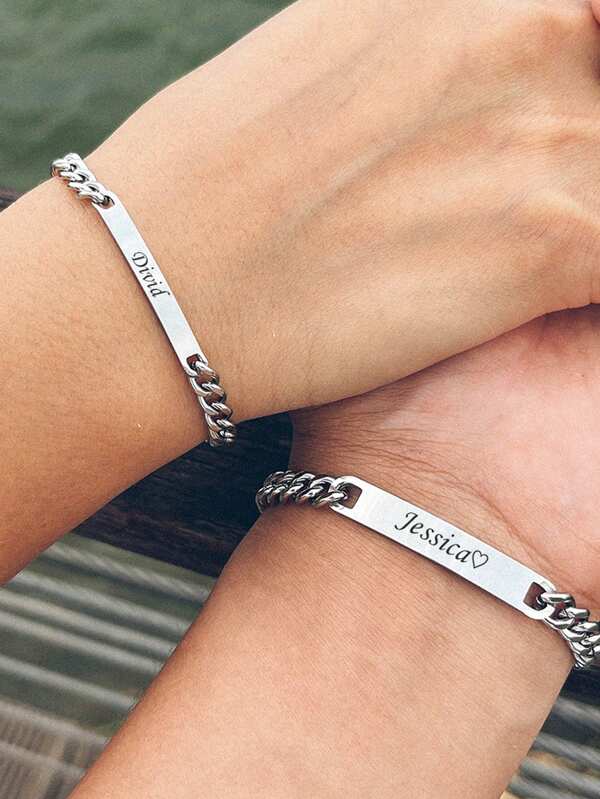 2Pcs/Set Personalized Stylish Metal 'Always & Forever' Engraved Couple Bracelet With Flattened Oval Chain, Punk Valentine's Day Wristband Anniversary Gift For Girlfriend Or Boyfriend Matching Bracelets Couple