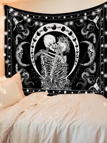 1pc Skull & Moon Printed Tapestry, Modern Polyester Fiber Square Decoration Tapestry Suitable For Living Room Bedroom Decoration, Flag For Room, Room Decor, Tapestry, Wall Decor, Wall Art ,Room Stuffs, Flags For Room, Home Decor, Wall Tapestry - Black and White - View 1