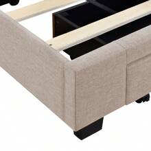 Queen Size Bed Frame with 3 Drawers, Linen Upholstered Platform Storage Bed with Headboard, Modern Style Solid Wooden Slats Support, No Box Spring Needed - Beige - View 8