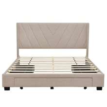 Queen Size Bed Frame with 3 Drawers, Linen Upholstered Platform Storage Bed with Headboard, Modern Style Solid Wooden Slats Support, No Box Spring Needed - Beige - View 5
