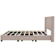 Queen Size Bed Frame with 3 Drawers, Linen Upholstered Platform Storage Bed with Headboard, Modern Style Solid Wooden Slats Support, No Box Spring Needed - Beige - View 6