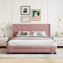 Queen Size Bed Frame with 3 Drawers, Linen Upholstered Platform Storage Bed with Headboard, Modern Style Solid Wooden Slats Support, No Box Spring Needed - 粉色 - 查看 2