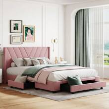 Queen Size Bed Frame with 3 Drawers, Linen Upholstered Platform Storage Bed with Headboard, Modern Style Solid Wooden Slats Support, No Box Spring Needed - 粉色 - 查看 1