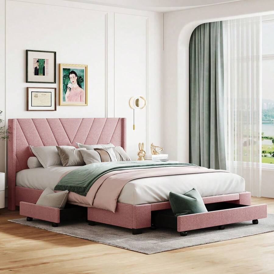 Queen Size Bed Frame with 3 Drawers, Linen Upholstered Platform Storage Bed with Headboard, Modern Style Solid Wooden Slats Support, No Box Spring Needed - 粉色 - 查看 1