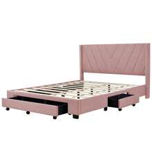 Queen Size Bed Frame with 3 Drawers, Linen Upholstered Platform Storage Bed with Headboard, Modern Style Solid Wooden Slats Support, No Box Spring Needed - 粉色 - 查看 4
