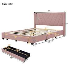 Queen Size Bed Frame with 3 Drawers, Linen Upholstered Platform Storage Bed with Headboard, Modern Style Solid Wooden Slats Support, No Box Spring Needed - 粉色 - 查看 7