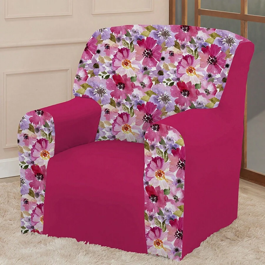 Capa Protetor Para Sofá Coladinha 1 Lugar Poltrona Papai Mista Floral Estampado Avulsa - Castanho - Visão 1
