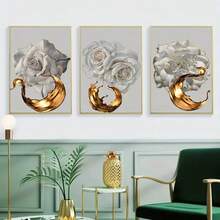 3入組/套白色&玫瑰金邊花卉帆布藝術海報,抽象金色墨水飛濺裝飾藝術繪畫,家庭裝飾現代掛畫 - 彩色 - 查看 1