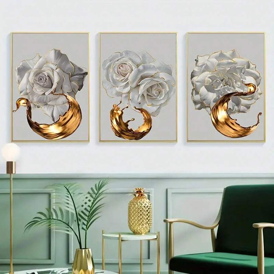 3入組/套白色&玫瑰金邊花卉帆布藝術海報,抽象金色墨水飛濺裝飾藝術繪畫,家庭裝飾現代掛畫 - 彩色 - 查看 1