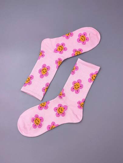 1pair Women Flower Print Fashion Crew Socks For Daily Life